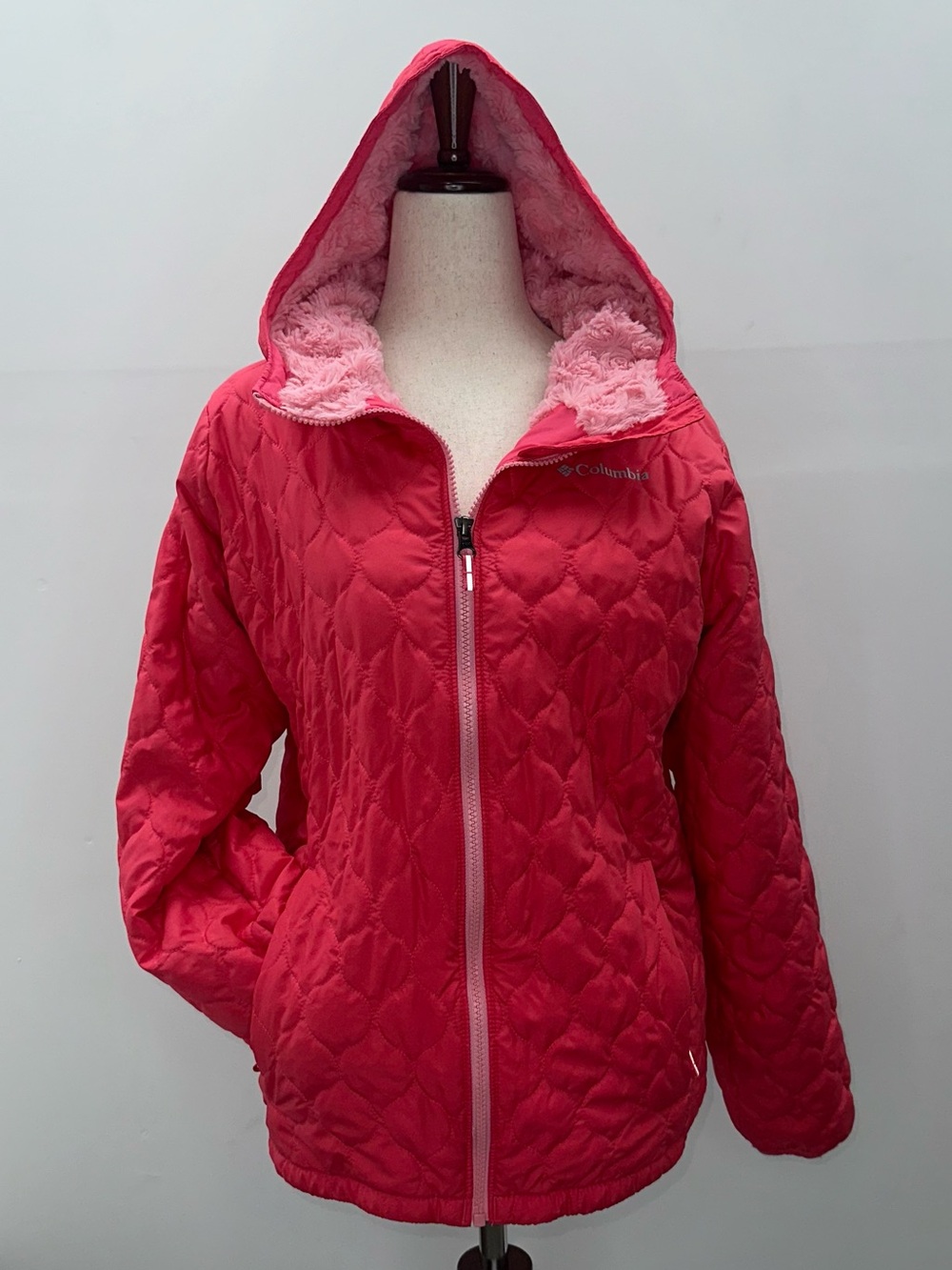 COLUMBIA Girls Bella Plush Jacket, Quilted Hooded Coat, Pink NRE, Size L (14/16)